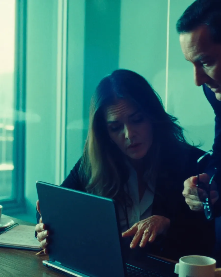 Una líder de Talento Humano y un director revisan un plan en una laptop.